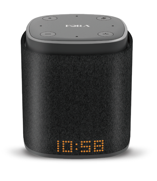 FORA IntelliSpeaker smart Bluetooth speaker with Alexa, health data voice updates, and digital clock display