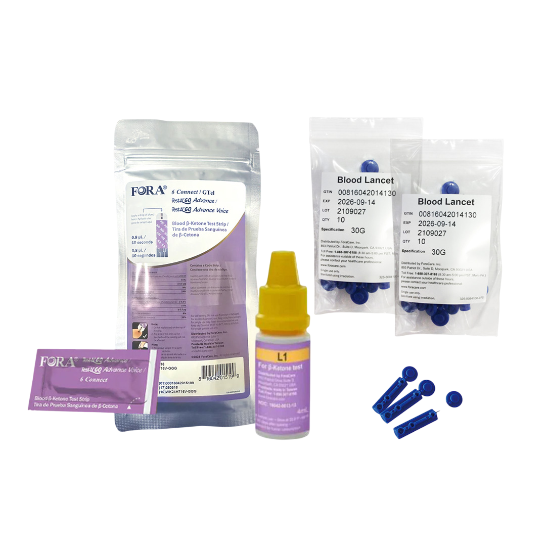 FORA Ketone Refill Pack — includes 10 strips, 20 lancets (10 per bag, 2 bags), and control Solution.