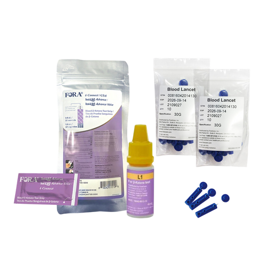FORA Ketone Refill Pack — includes 10 strips, 20 lancets (10 per bag, 2 bags), and control Solution.