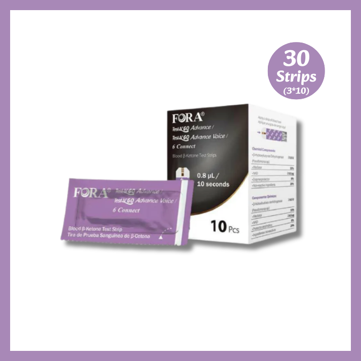 FORA Ketone Test Strips 3-Pack, total 30 strips, compatible with Test N’Go Advance, Test N’Go Advance Voice, and Gtel meters. Uses Gold Advance Strip technology and GDH-FAD enzyme for high accuracy, with ASSI Technology for quick, easy blood absorption.