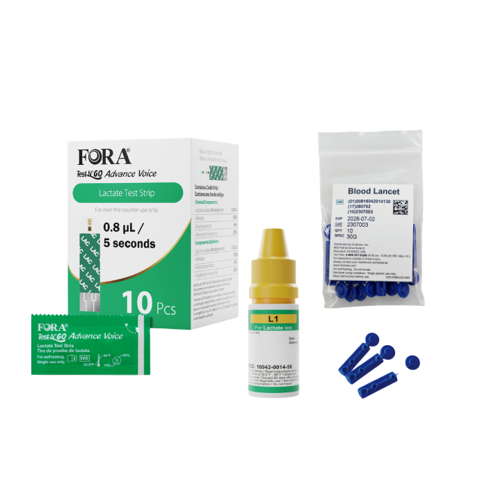 FORA Lactate Refill Pack — includes 10 strips, 10 lancets, and control solution.