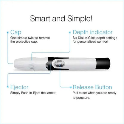 [WellCell Exclusive] FORA lancing device with AST cap showing key features: protective cap, depth indicator, ejector, and release button