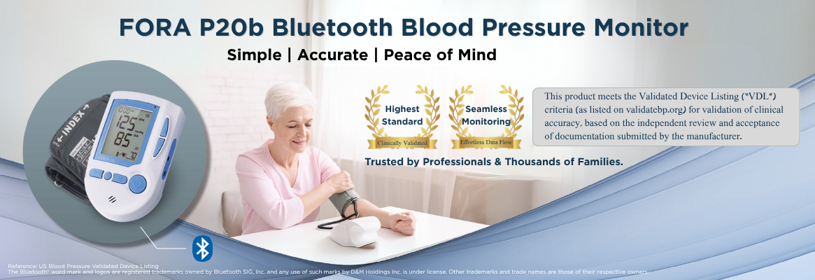 FORA P20b Bluetooth Blood Pressure Monitor promotional banner showing product image, elderly woman measuring blood pressure, clinical validation badges, and VDL certification notice