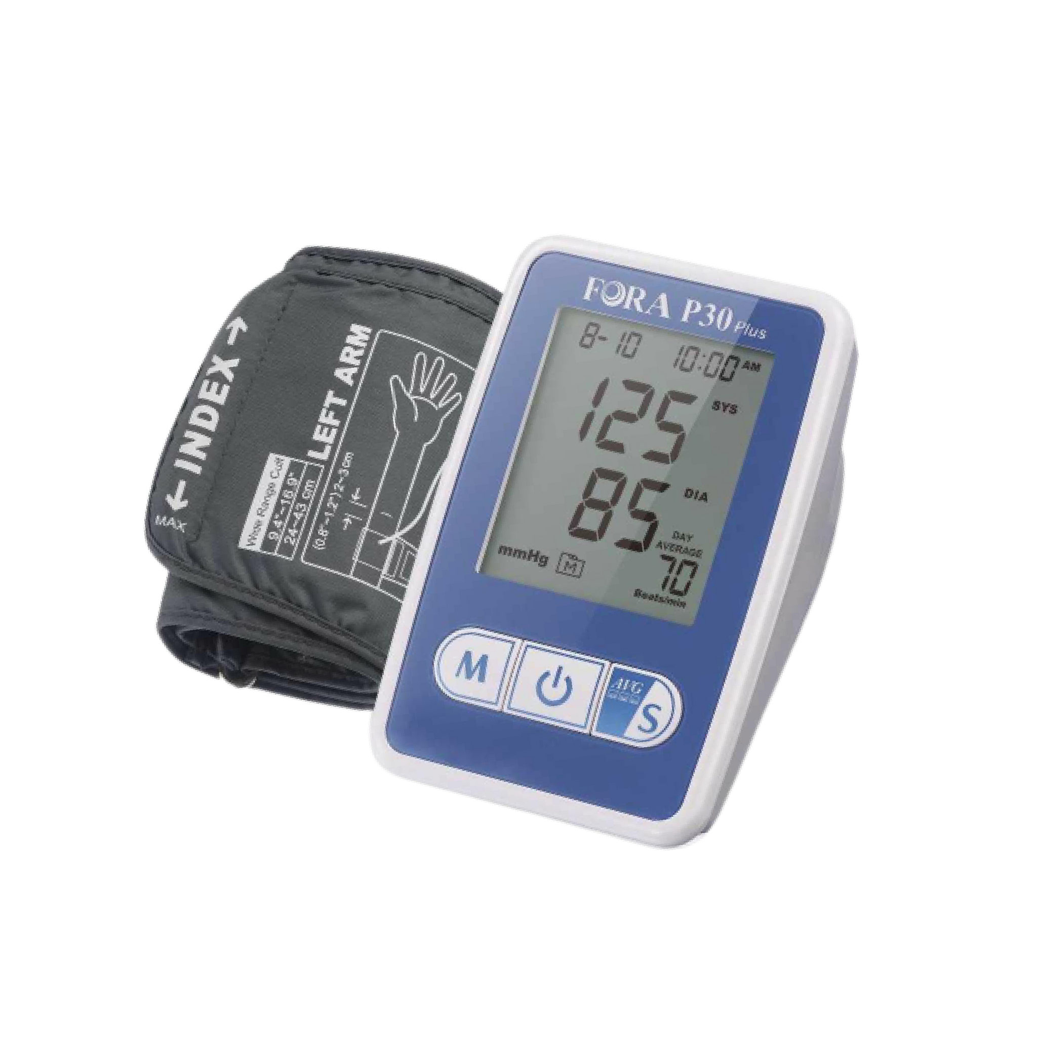 FORA P30 Plus upper arm blood pressure monitor with extra-wide cuff, large backlit display showing a sample reading of 125 over 85 mmHg.