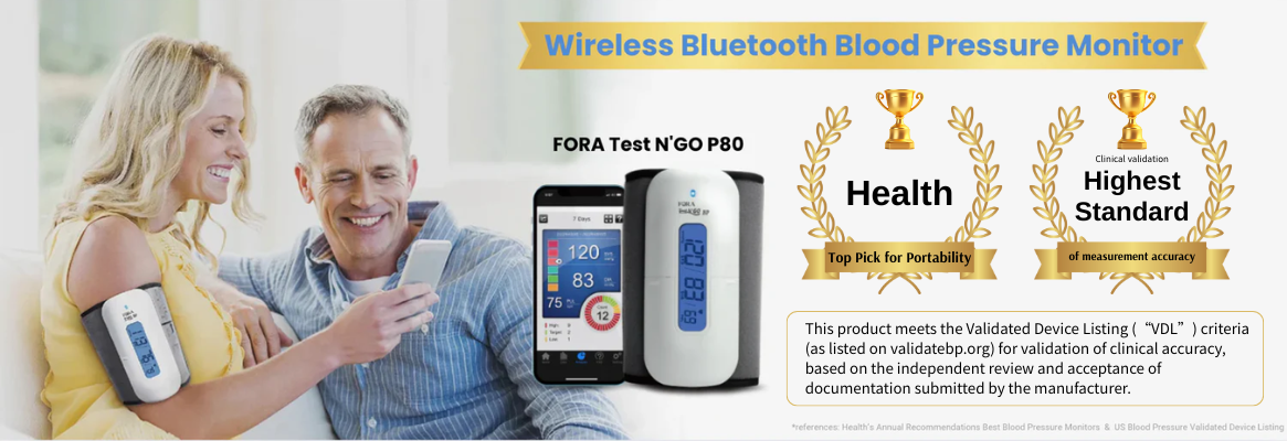 FORA Test N’GO P80 wireless Bluetooth blood pressure monitor promotional banner showing a woman using the device, man holding a smartphone, mobile app interface, clinical validation badges, and VDL certification notice