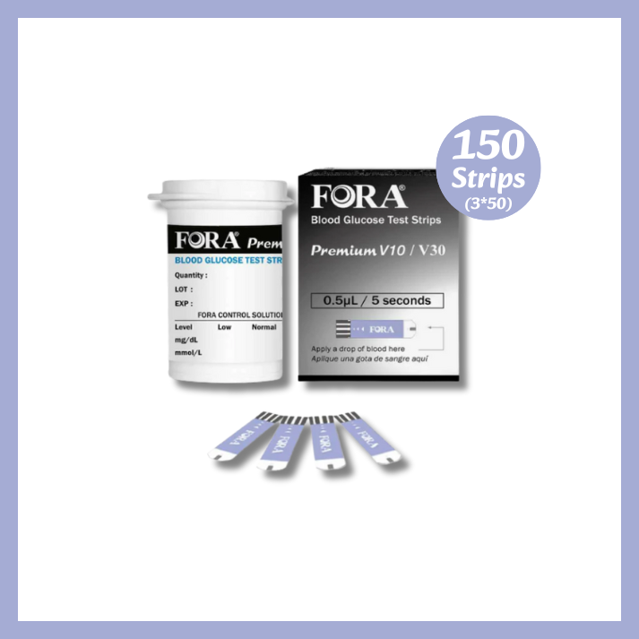 FORA Premium V10 V30 blood glucose test strips 150 pcs kit (3 boxes of 50 strips), product image shows one box and vial with label indicating 150 strips total, 0.5 µL blood volume, 5-second result
