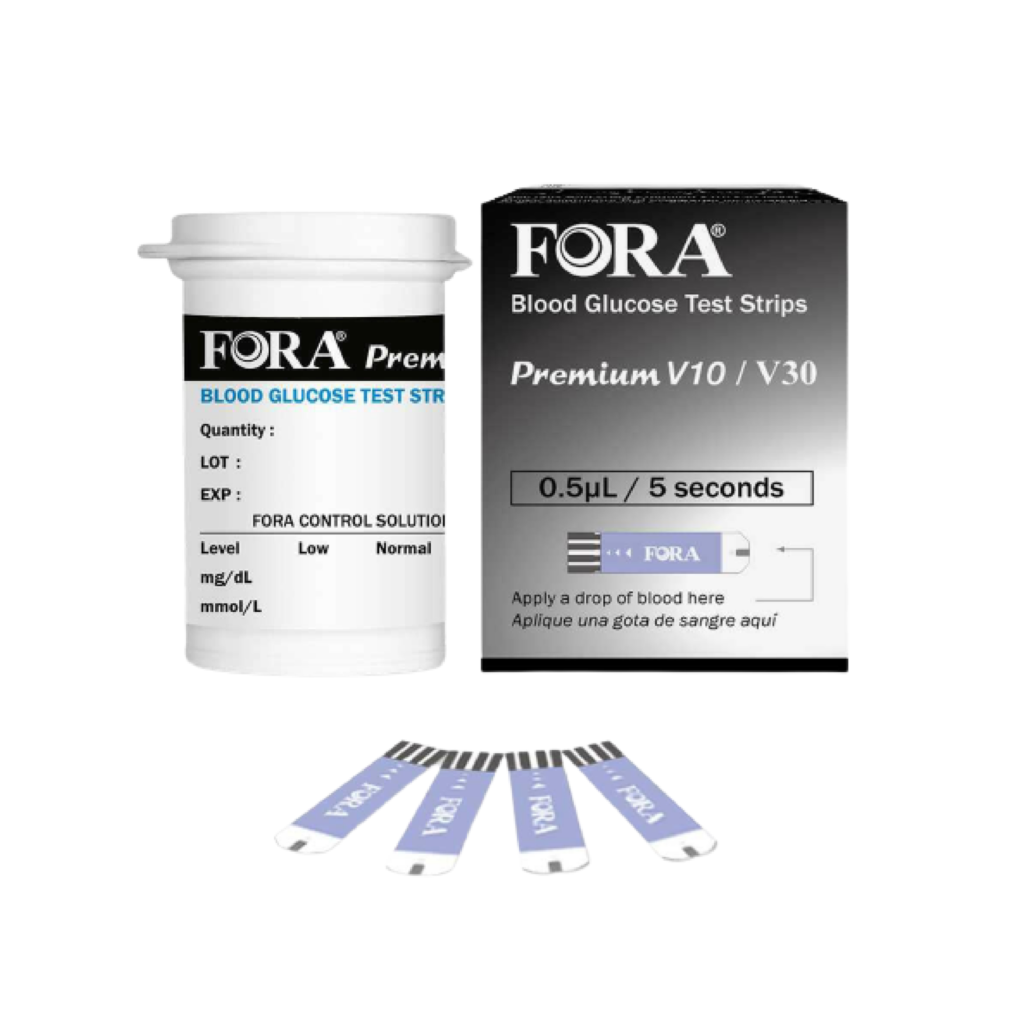 FORA Premium V10 V30 blood glucose test strips 50 pcs, includes test strip vial, retail box, 0.5 µL blood volume, 5-second result