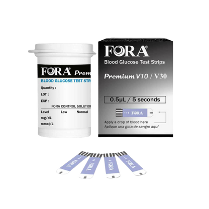 FORA Premium V10 V30 blood glucose test strips 50 pcs, includes test strip vial, retail box, 0.5 µL blood volume, 5-second result