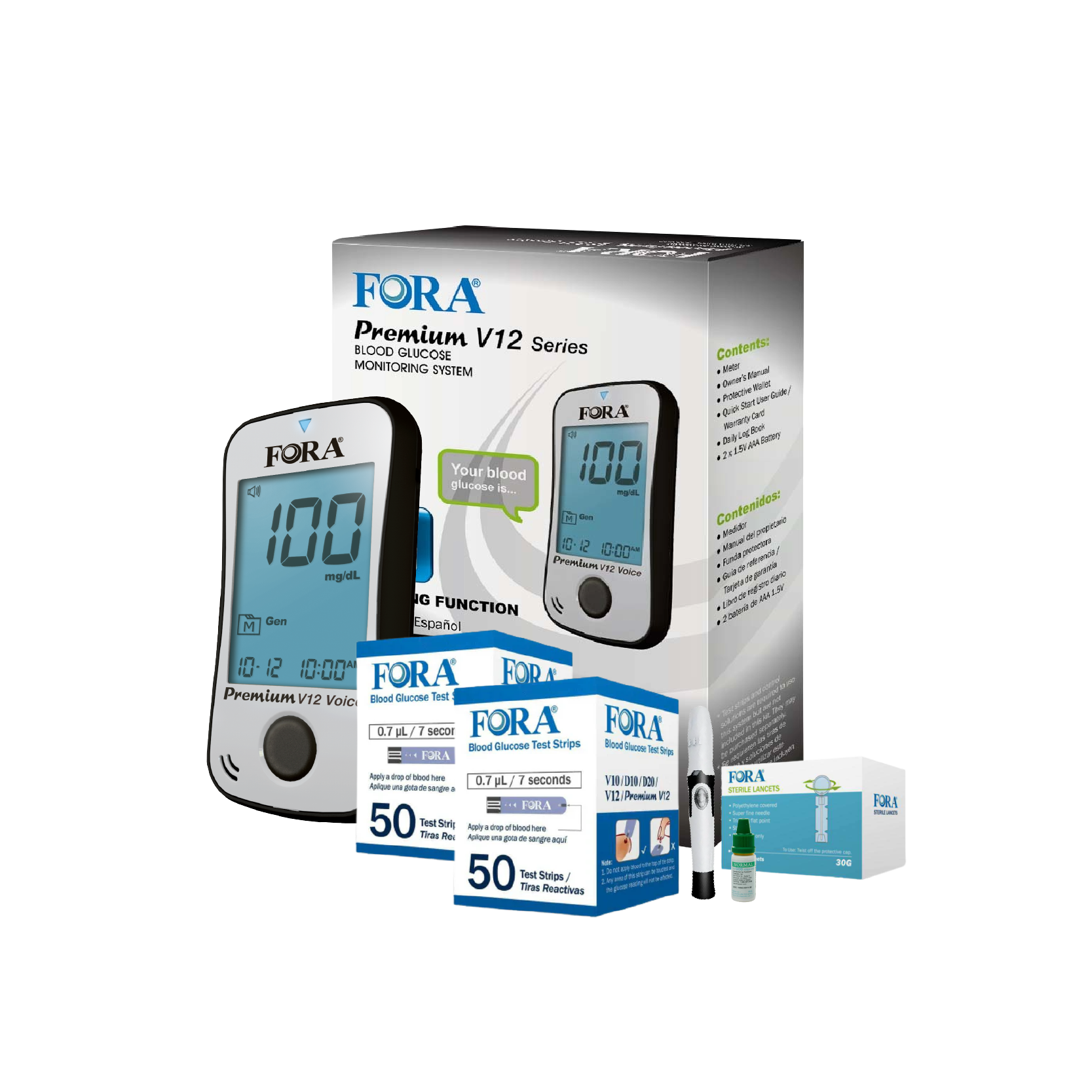 FORA Premium V12 Voice blood glucose monitoring kit with meter, test strips, lancing device, lancets, and control solution