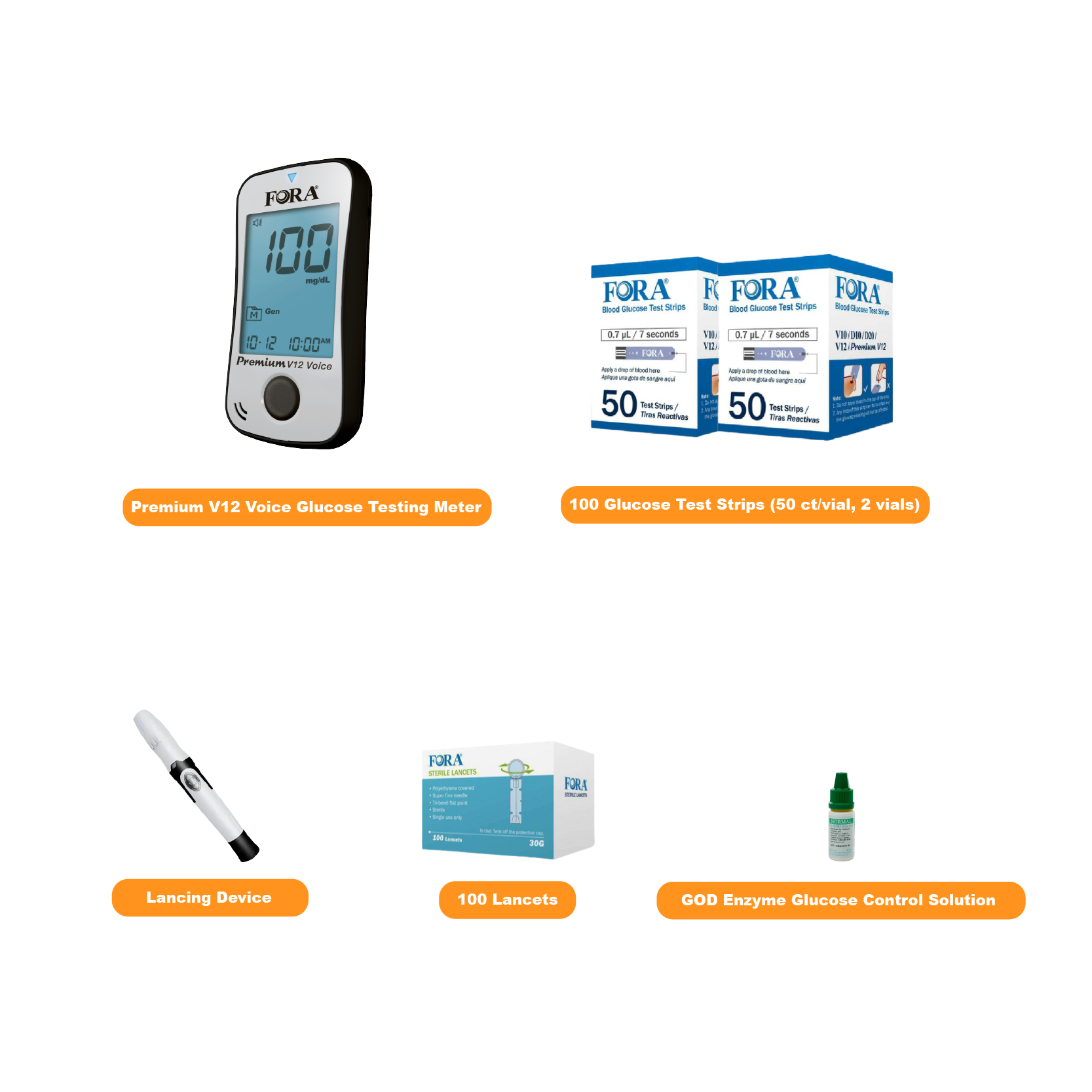 FORA Premium V12 Voice blood glucose monitoring kit package contents: meter, test strips, lancing device, lancets, and control solution