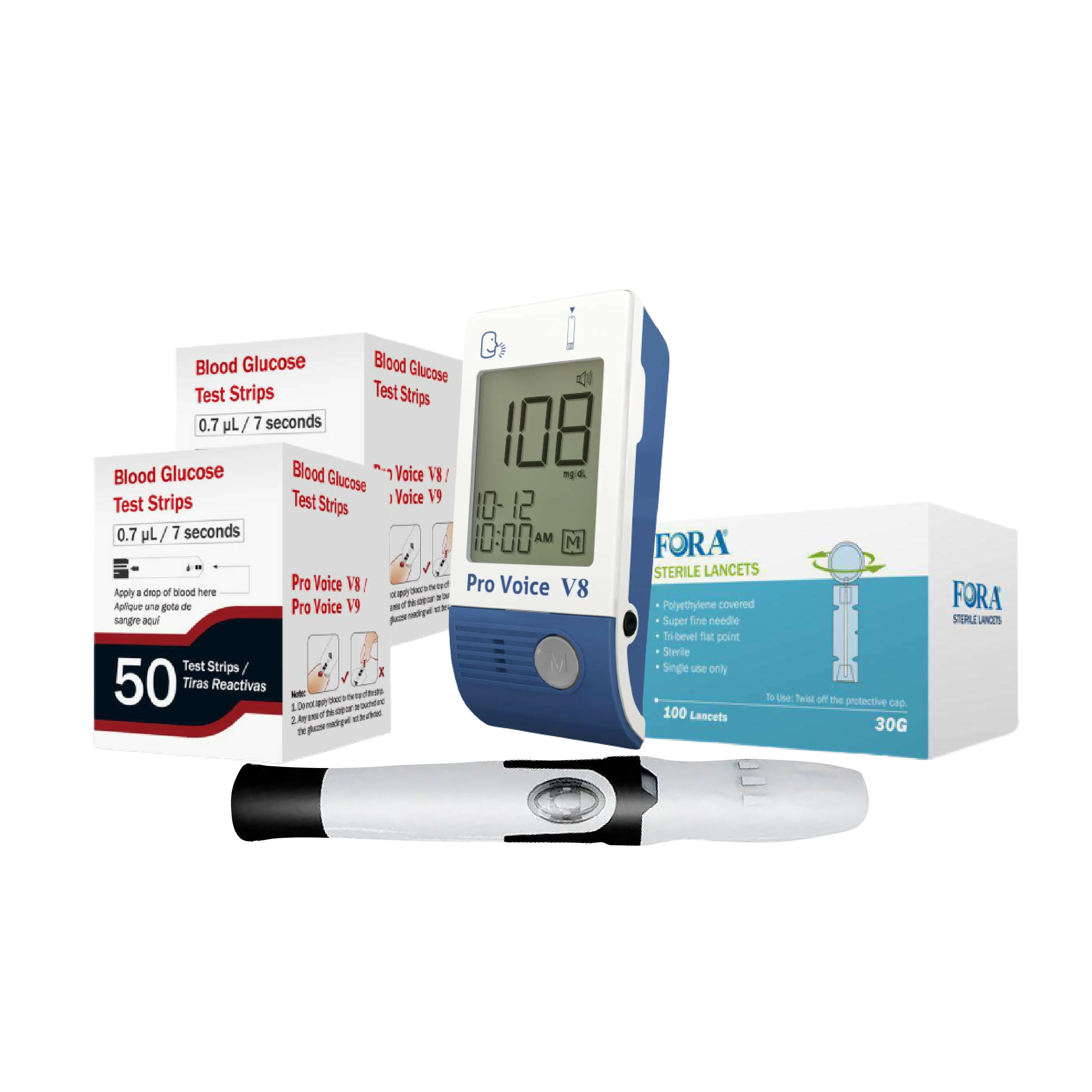 FORA Pro Voice V8 Audible Glucose Testing Kit with glucose meter, 100 test strips, 100 lancets, and lancing device. Voice-guided in English/Spanish, no app required, accurate results in seconds, designed for seniors and first-time users.