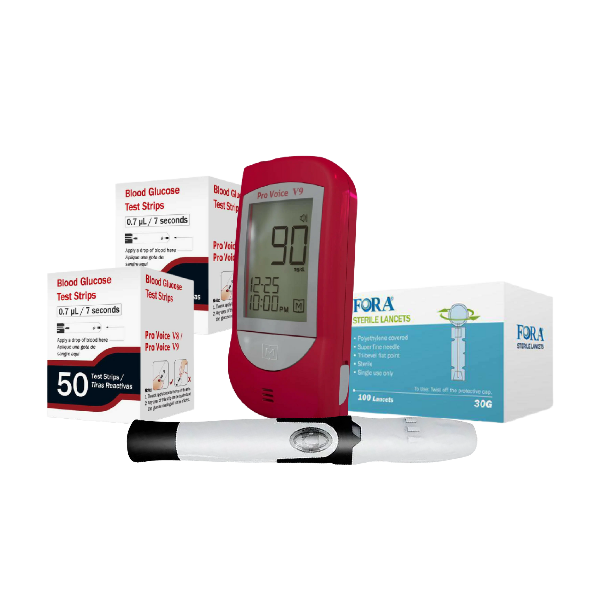 FORA Pro Voice V9 Audible Glucose Testing Kit with glucose meter, 100 test strips, 100 lancets, and lancing device. Voice-guided in English/Spanish, no app required, accurate results in seconds, designed for seniors and first-time users.