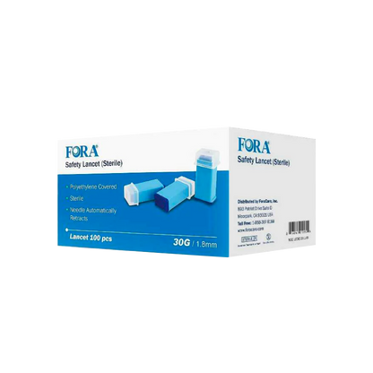 FORA Safety Lancet (Sterile) 30G 1.8mm, 100 pcs box packaging, featuring polyethylene cover, sterile design, and automatic needle retraction for safe blood sampling.