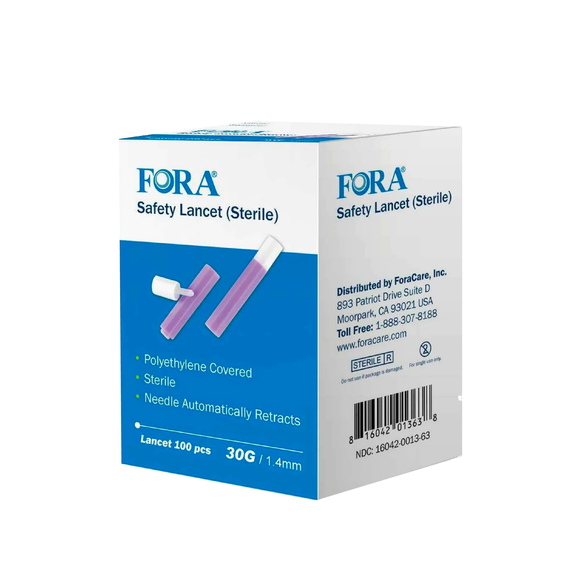 Packaging of FORA Safety Lancet 30G sterile 100 pcs, showing two purple polyethylene-covered lancets with white caps and product details on the box.
