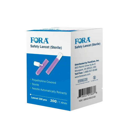 Packaging of FORA Safety Lancet 30G sterile 100 pcs, showing two purple polyethylene-covered lancets with white caps and product details on the box.