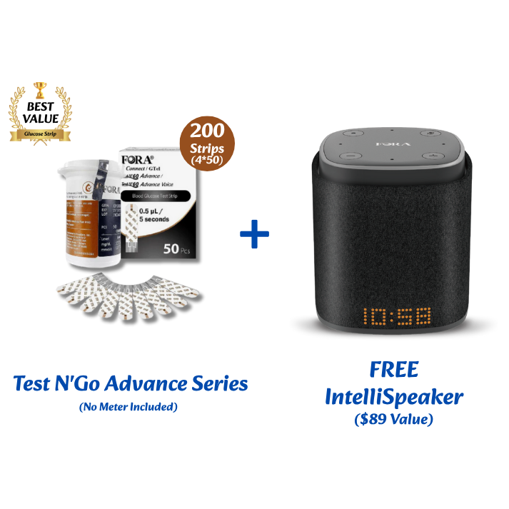 FORA Sugar Beats Supply Pack with 200 glucose test strips, includes free IntelliSpeaker with Alexa built-in for voice-controlled health updates