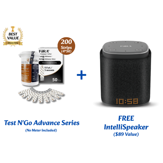 FORA Sugar Beats Supply Pack with 200 glucose test strips, includes free IntelliSpeaker with Alexa built-in for voice-controlled health updates