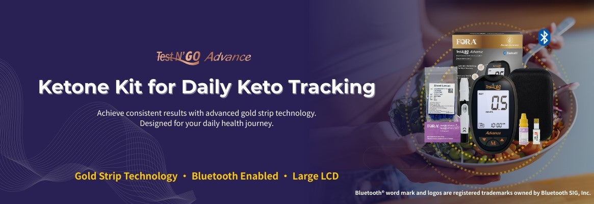 FORA Test N'GO Advance Ketone Kit with Bluetooth, gold strip technology and large LCD display for daily keto tracking.