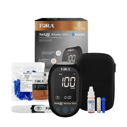 FORA Test N’GO Advance Voice blood glucose monitoring kit with meter, test strips, lancets, lancing device, control solution, and carrying case