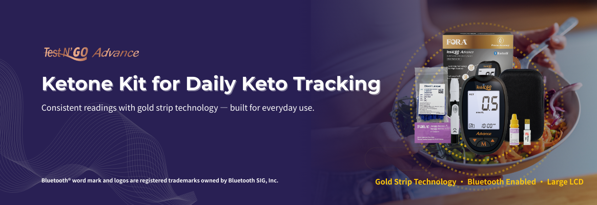 FORA Test N'GO Advance ketone kit for daily keto tracking with gold strip technology and Bluetooth enabled meter.