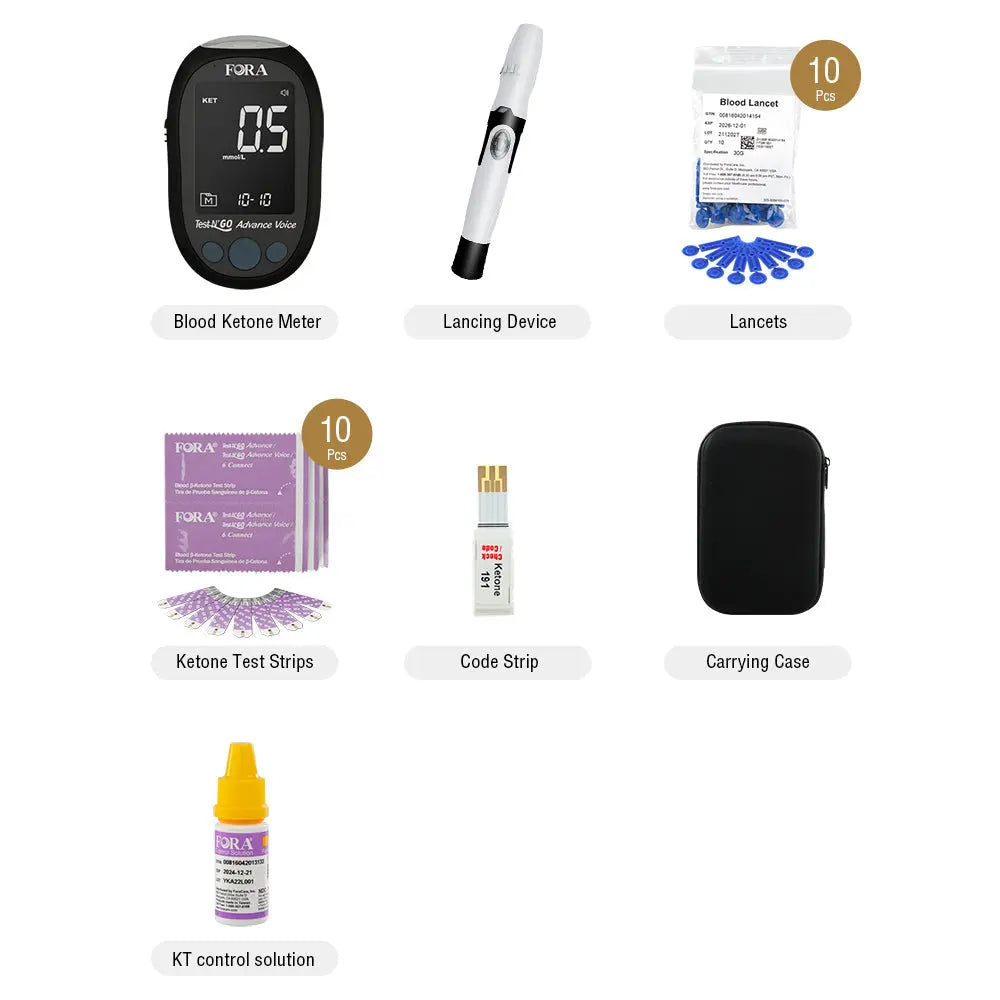 Package contents of FORA Test N’GO Advance Voice Ketone Kit: meter, lancing device, 10 lancets, 10 ketone test strips, code strip, carrying case, and KT control solution