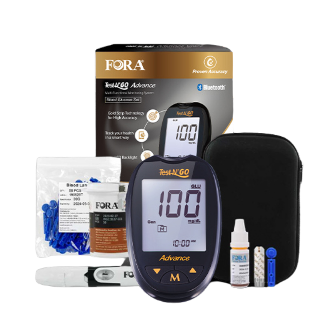 FORA Test N'GO Advance Blood Glucose Testing Kit — includes glucose meter, 50 high-accuracy strips, lancing device with 50 lancets, and control solution for complete monitoring