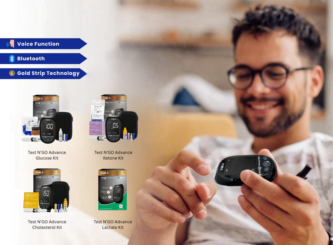 Promotional banner showing a man smiling while using a FORA Test N’GO Advance meter, with product images of glucose, ketone, cholesterol, and lactate kits, and feature labels for voice function, Bluetooth, and gold strip technology