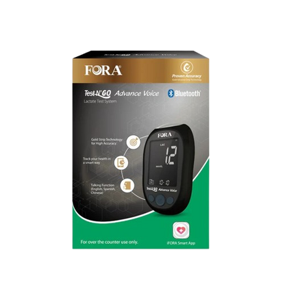 Temporary image of FORA Test N’GO Advance Voice Lactate Kit box, showing sealed packaging with expired lactate strips inside and 10 fresh replacement strips provided separately