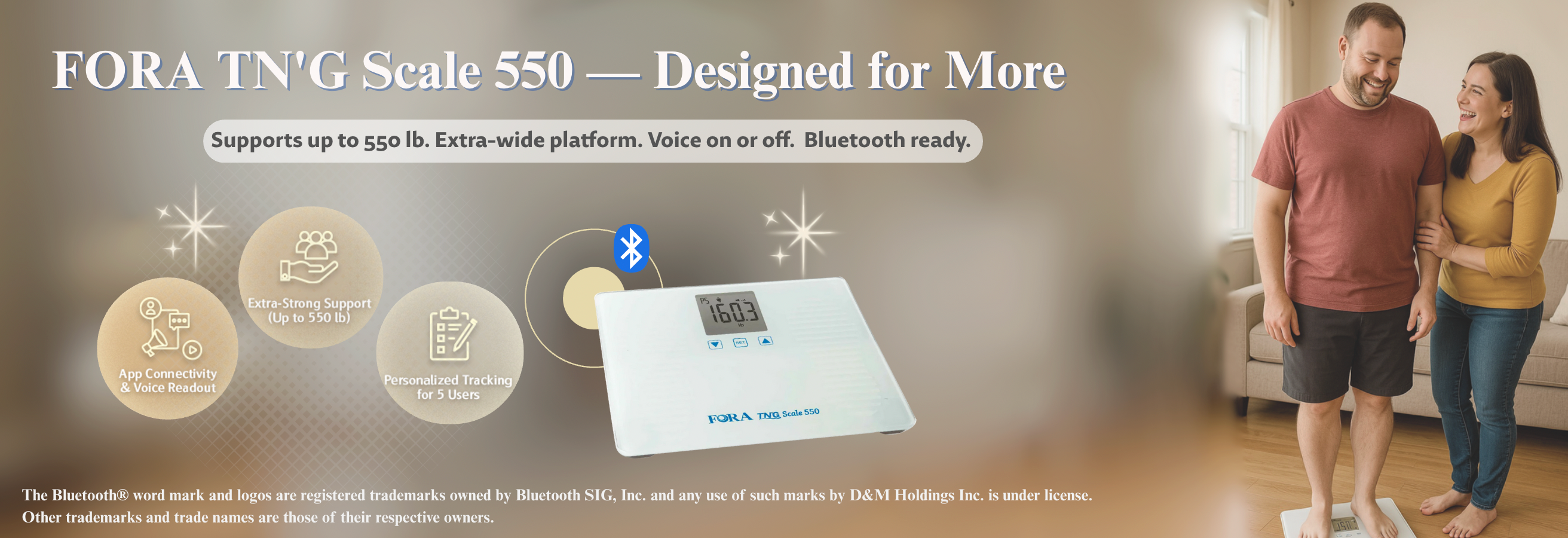 FORA TN’G Scale 550 Bluetooth smart weight scale with voice guidance, extra-wide platform, and 550 lb capacity — shown in home use with couple.