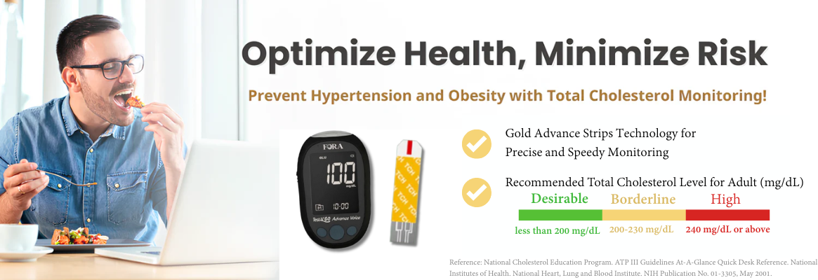 FORA total cholesterol monitoring promotional banner showing a man eating, FORA Test N’GO Advance Voice meter with gold advance strips, recommended cholesterol level chart, and product benefits for preventing hypertension and obesity