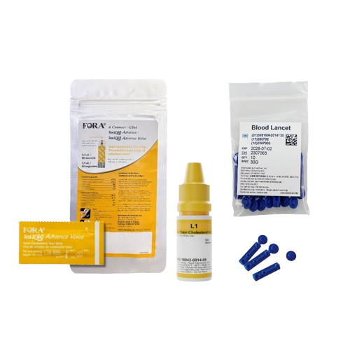 FORA Total Cholesterol Refill Pack — includes 10 strips, 10 lancets, control solution.