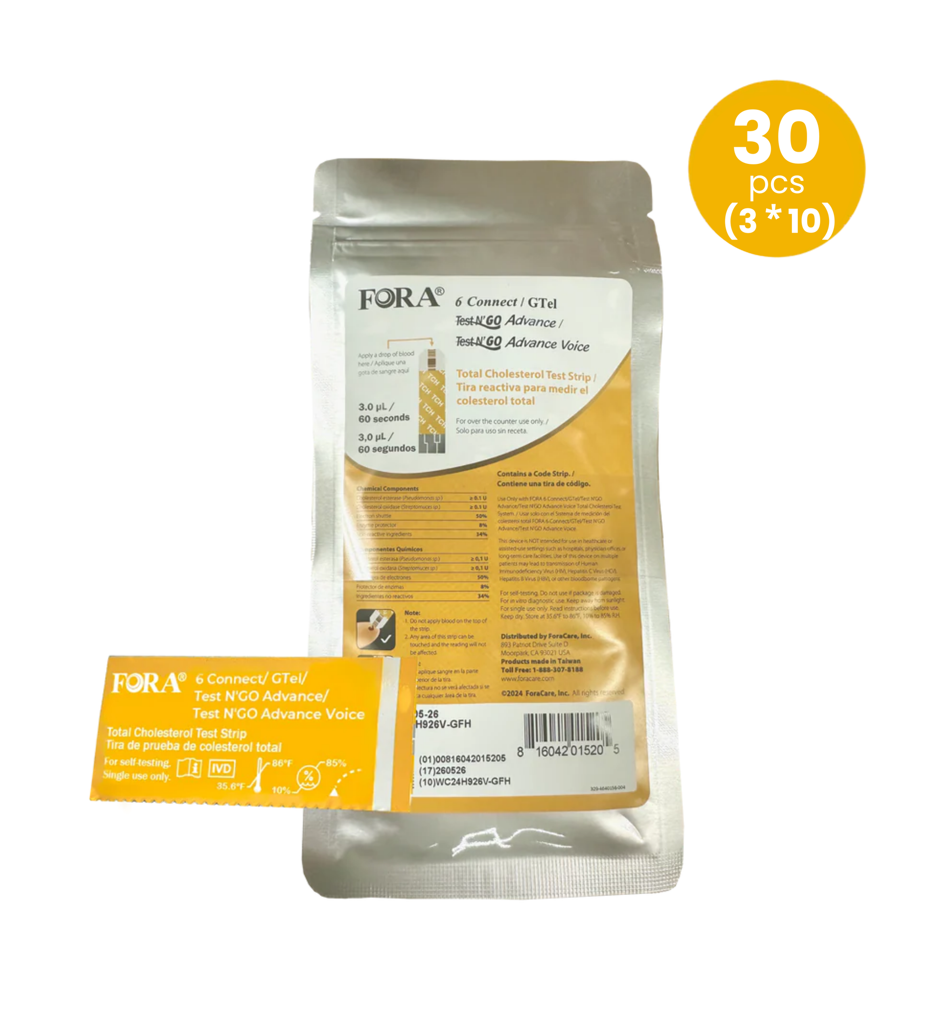 FORA total cholesterol test strips, (30 pcs, 10x3), compatible with Test N’Go Advance and Test N’Go Advance Voice meters Orange and silver packaging for self-testing, IVD labeled.