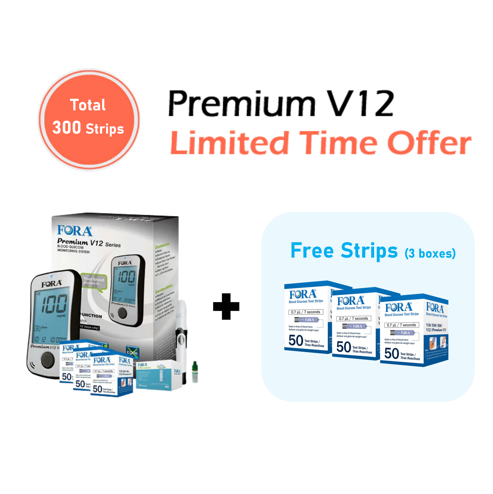【Limited Time Offer】FORA Premium V12 Voice Blood Glucose Testing Kit (300 Strips, 100 Lancets, 1 Meter, 1 Lancing, 1 Control Solution) – Exp. 06/13/2025