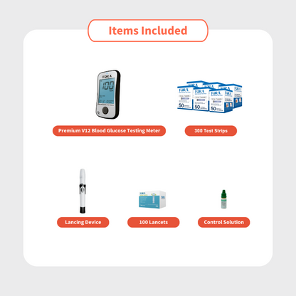 【Limited Time Offer】FORA Premium V12 Voice Blood Glucose Testing Kit (300 Strips, 100 Lancets, 1 Meter, 1 Lancing, 1 Control Solution) – Exp. 06/13/2025