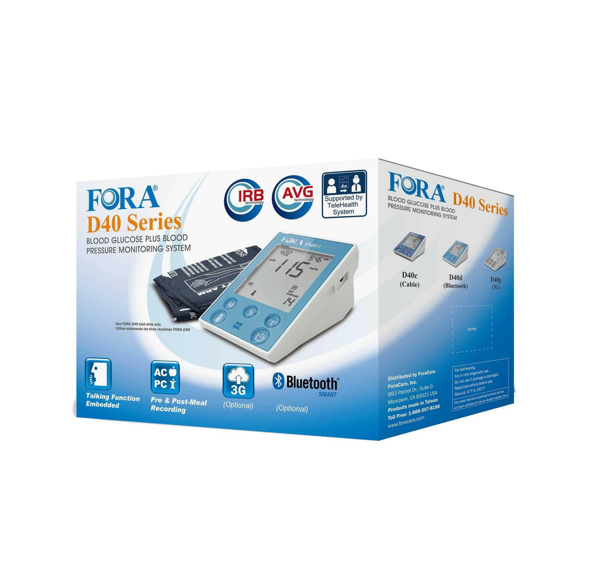 FORA D40d 2-in-1 Blood Glucose Plus Arm Type Blood Pressure Monitor (Bluetooth BLE, Talking, Free App)(Strips & Lancing Sold Separately) Fora Care Inc.