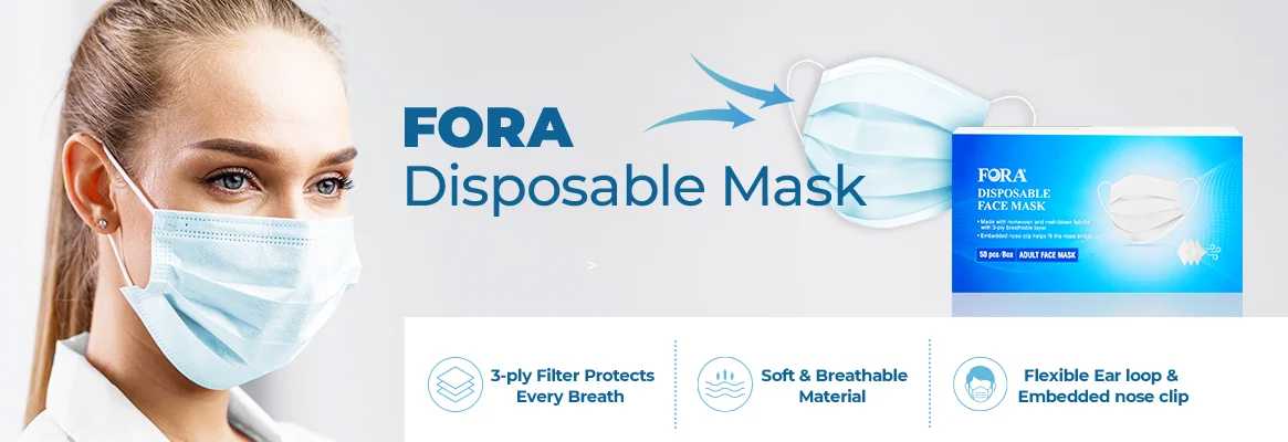 FORA Disposable Face Masks, Breathable Face Mask 3ply Protective PPE Elastic Ear-loop Face Cover Mask for Adult.(50pcs/Box) Fora Care Inc.