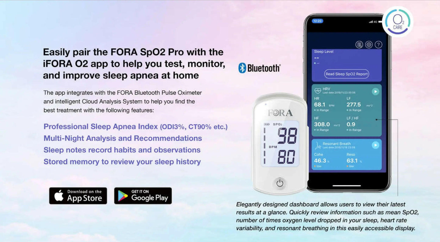 FORA O2 SpO2 Bluetooth Fingertip Pulse Oximeter, (App Based, Home Sleep Apnea Tester) Five-Year Premium App Membership Included. Fora Care Inc.