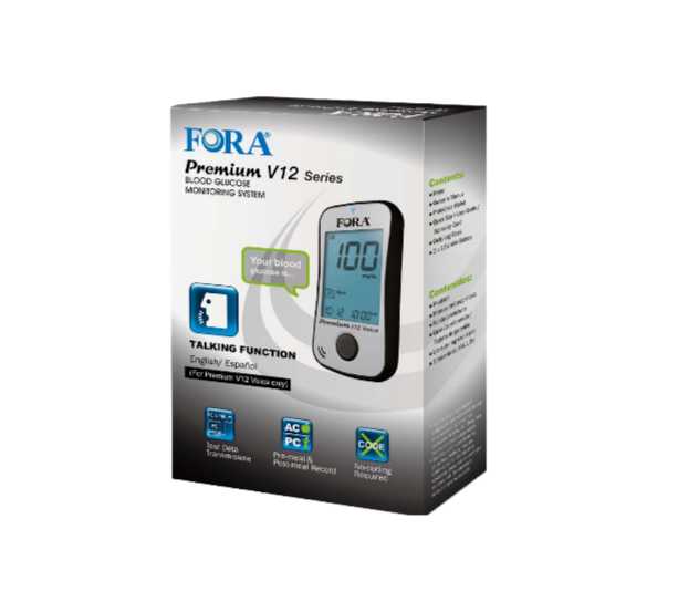 FORA Premium V12 Talking Blood Glucose Meter (English & Español) (Meter Only, Test Strips & Lancing are Sold Separately) ForaCare Inc.
