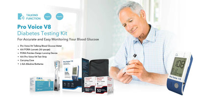 FORA Pro Voice V8 Diabetes Testing Kit (Talking Glucometer- English, Español) - 100 Glucose Strips(50ct/ vial*2)+100 Lancets ForaCare Inc.