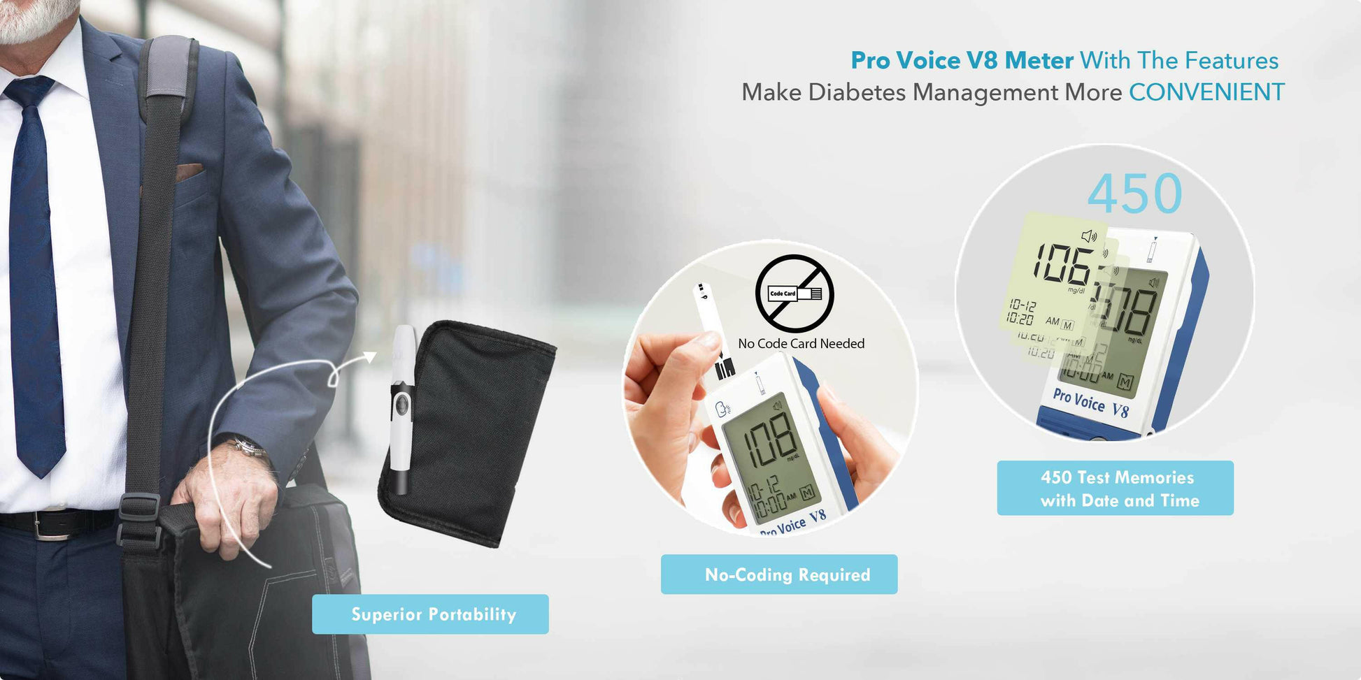 FORA Pro Voice V8 Diabetes Testing Kit (Talking Glucometer- English, Español) - 100 Glucose Strips(50ct/ vial*2)+100 Lancets ForaCare Inc.