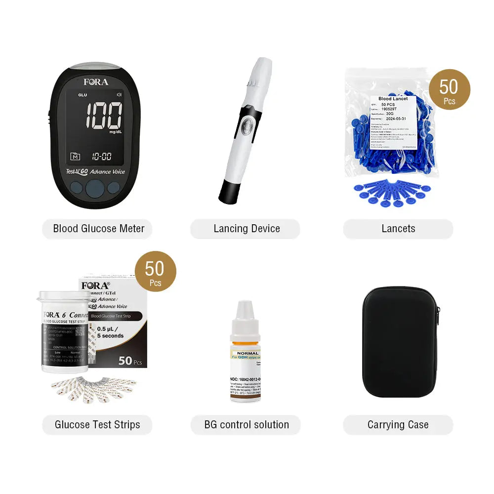 FORA Test N’GO Advance Voice blood glucose monitoring kit contents, including meter, lancing device, lancets, glucose test strips, control solution, and carrying case